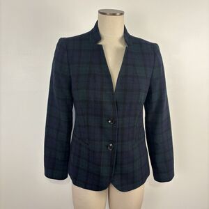 Talbots Factory Womans 8 Black Watch Tartan Navy Blue Plaid Wool Blend Blazer